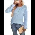thumbnail image 3 of Camiseta Informal de Punto de Larga con Cuello Redondo y Botones A Rayas para Mujer Azul M, 3 of 9