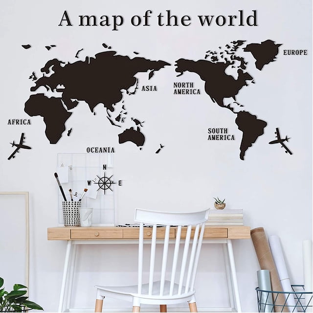 World Map Office Wall Decals Art, Large 3D Acrylic Black Maps Stickers ...