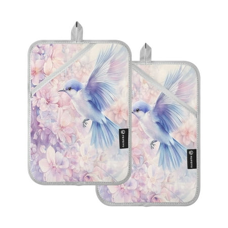 

WOBOGO Blue Birds Pink Flowers Oven Mitts 2 Piece Heat Resistant 338 Degrees F Square Insulation Pads for A Wide Range of Cooking Occasions
