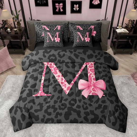 Homewish Ribbon Monogrammed M Twin Bedding Sets 7-Piece for Girl, Kawaii Princess Style Bedding Comforter Set, Black Pink Cheetah Print Reversible Sheet Sets, Super Cozy Room Decor