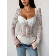 thumbnail image 5 of Women'S Sheer Floral Lace Long Sleeve Bodysuit Top Sweetheart Neck Bodysuit White S, 5 of 8