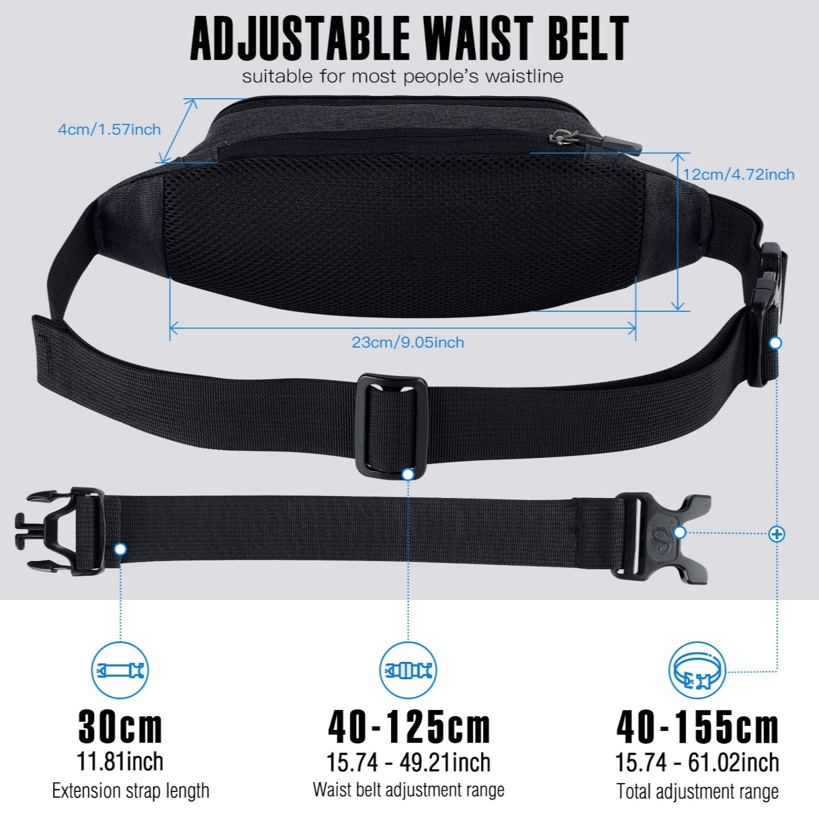 WATERFLY Unisex Lightweight Running Hiking Jogging Nylon Fanny Pack Waist Bag-Black