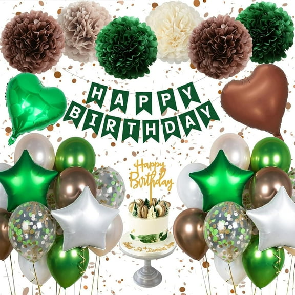 Birthday Decoration Men Women, Green and Brown Birthday Balloons with Happy Birthday Decoration Banner, Birthday Balloons, Birthday Party Decoration Pompoms