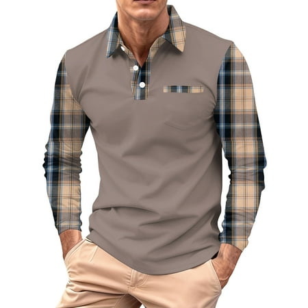 QHRMKOG Men Polo Shirts Color Block Button Down Collared Golf Shirts Spring Loose Fit Long Sleeve Polo Shirt Fashion Street Tops with Breasted Pocket Beige L