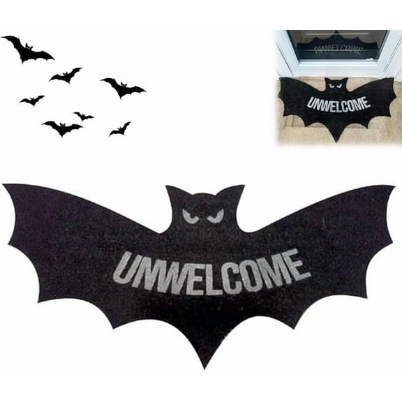 Unwelcome Bat Door Mat,Unwelcome Shaped Bat Coir Mat Halloween,Gothic Coir Rug for Front Door,Halloween Decorations Outdoor,Spooky New Home Closing Housewarming Gift (14.56x31.5 in)