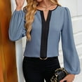 thumbnail image 4 of Womens Tops Dressy Casual V Neck Color Block Business Casual Blouses Long Sleeve Work Shirts Fall Trendy Clothes Blue L, 4 of 8