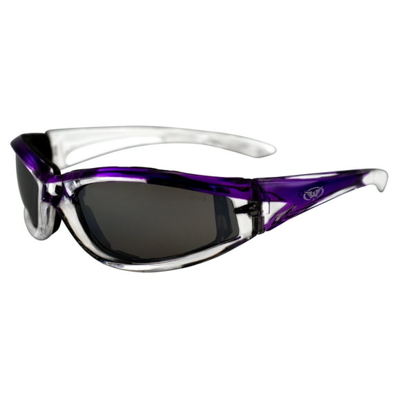 Global Vision Eyewear Flashpoint Padded Motorcycle Sunglasses for Women Two Color Crystal and Purple Frame w/ Flash Mirror Lens