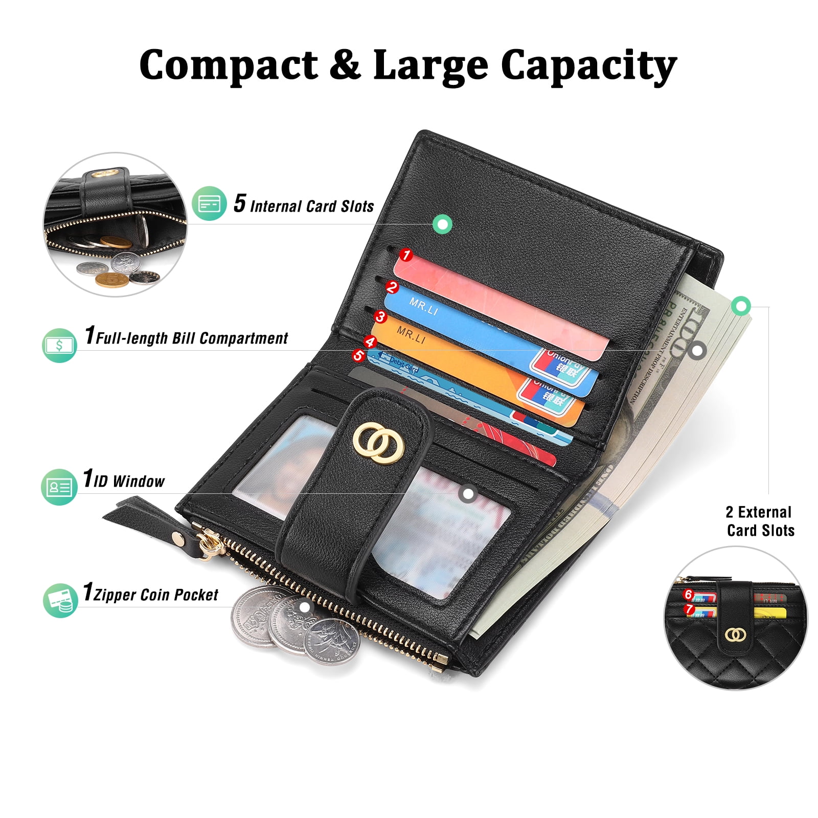 Small Wallet for Women Slim Bifold Leather Credit Card Holder Wallets Zipper Pocket Coin Purse with ID Window