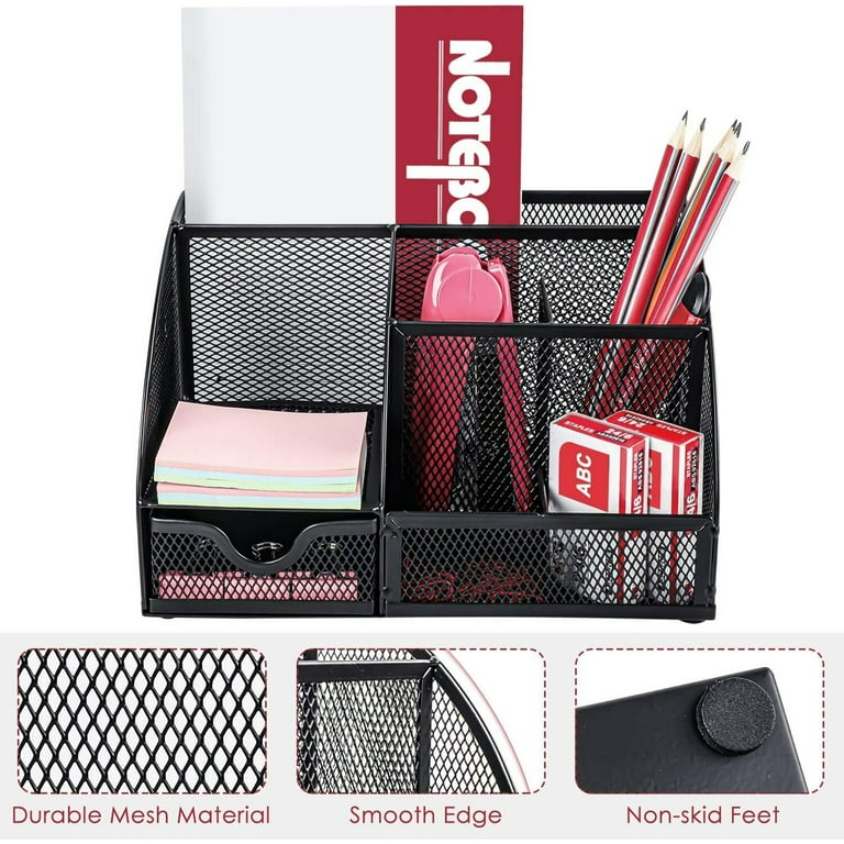  Desk Organizers Caddy and Accessories with 7 Compartments + Pen  Holder / 72 Clips Set, Drawer, Black Mesh Office Supplies Desktop Organizer  for Home, Office Ect : Office Products