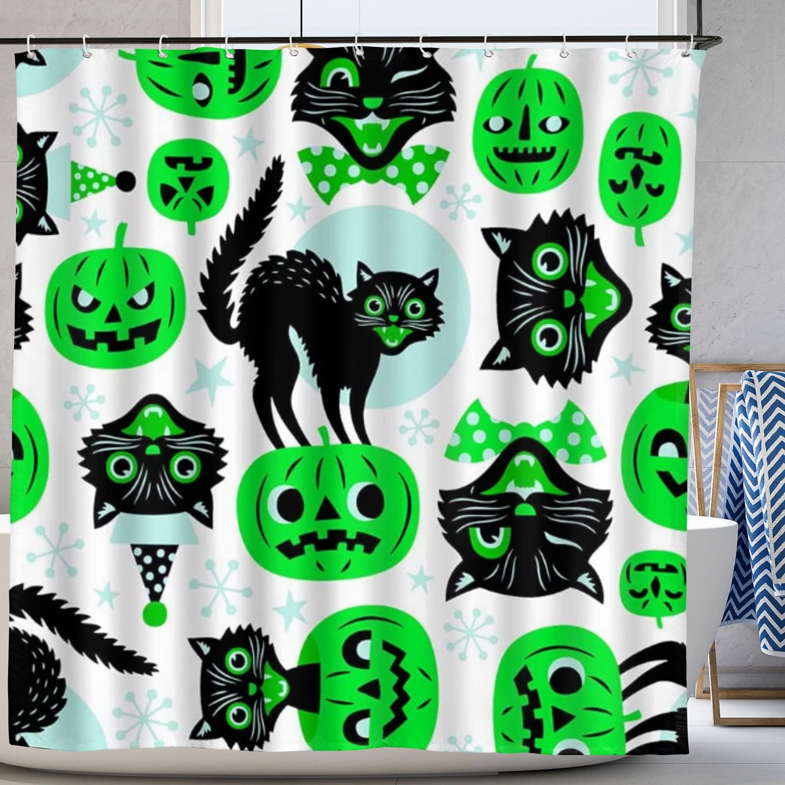Funny Halloween Shower Curtain Moon Time Black Cats Orange Ghost Witch Pumpkins Shower Curtains Cartoon Bathroom Decor 72'x72'