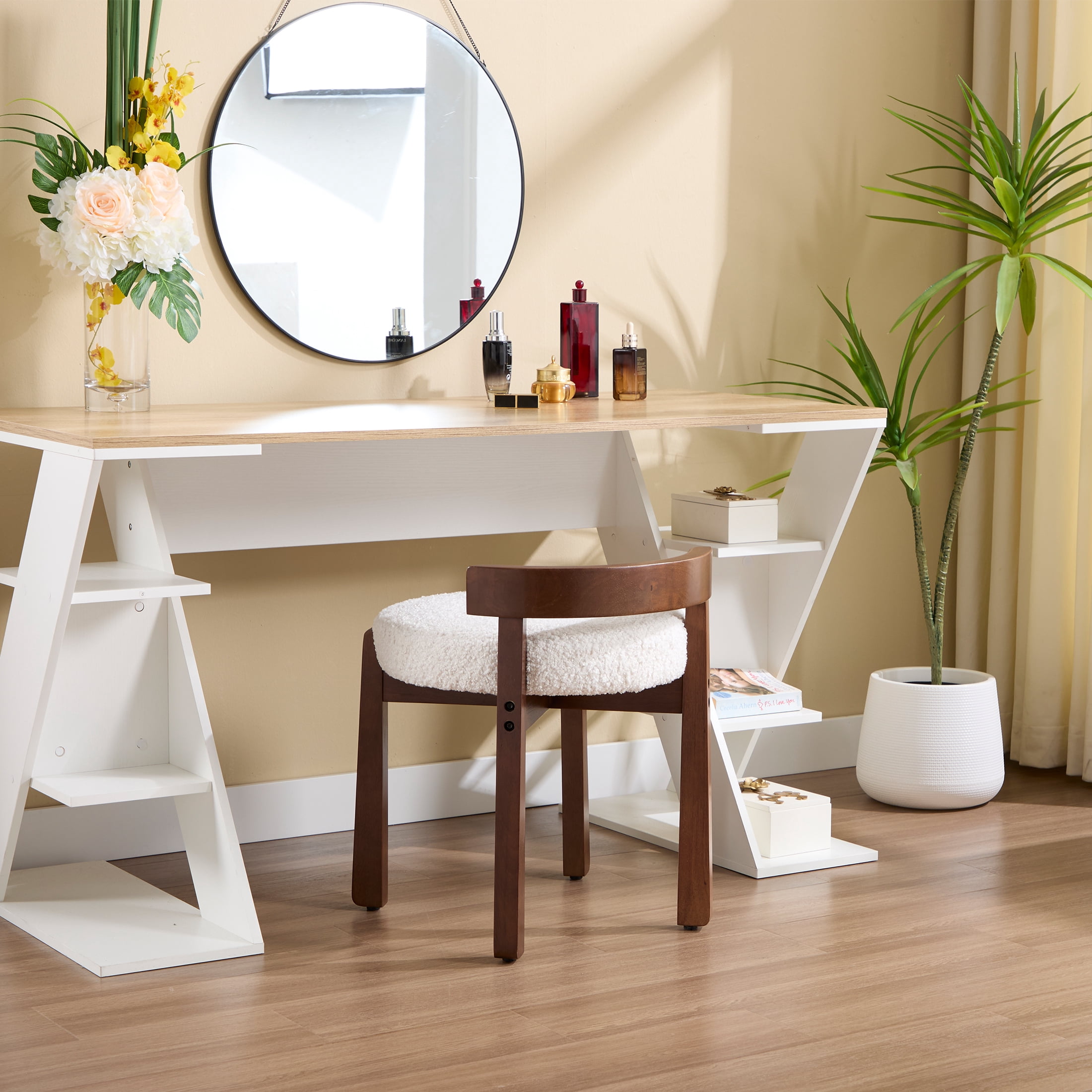 Guyou Wooden Vanity Chair, Modern Sherpa Upholstered Small Ottoman Footstool, Lovely Round Makeup Stool for Bedroom Living Room Makeup Room, White