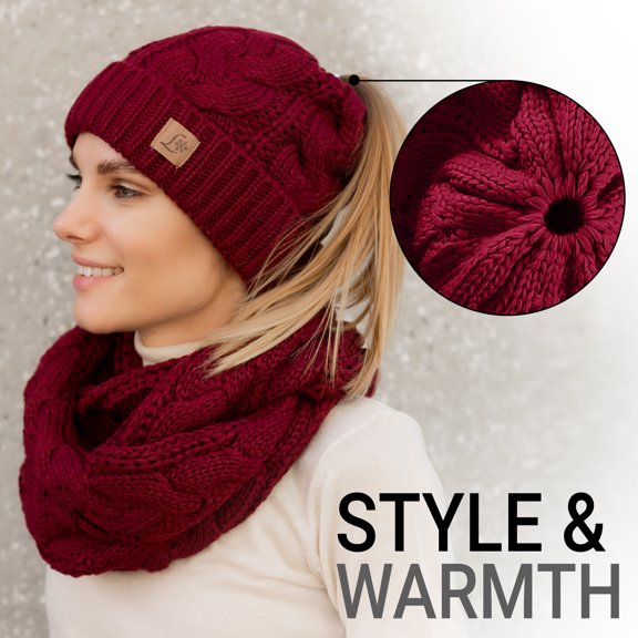 Lelaffet Women Hat and Scarf Set Beanietail High Bun Ponytail Stretchy Knit Beanie Skull Winter Cable Knitted Hat Burgundy