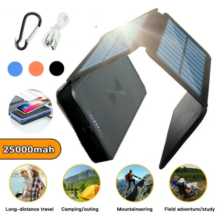 25000mAh Solar Battery Wireless Charger, Folding Portable Waterproof iPhone Power Bank Battery Pack w/ Dual 2.1A USB Ports + Carabiner + USB Cable for Hiking, Camping, Hiking
