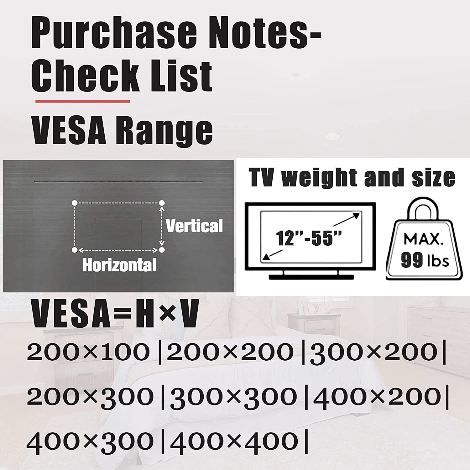 No Stud TV Wall Mount, Drywall Studless TV Hanr No Dama, No Drill, Non Screws, Dry Wall Flat Screen TVs Easy Install Bar Bracket fits VESA 12-55 inch TVs up to 99 lbs, Include Hardware Levels