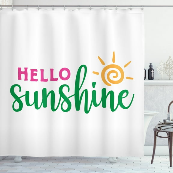 Hello Sunshine Shower Curtain, Simplistic Minimalist Words with Swirled Line Sun Design Summertime, Fabric Bathroom Set with Hooks, 69W X 84L Inches Extra Long, Pink Green Orange, by Ambesonne