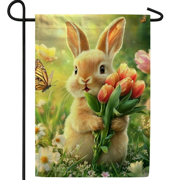 America Forever Spring Bunny Tulip Bouquet Garden Flag, 12.5 x 18 inch Double Sided, Realistic Rabbit Orange Tulips, Easter Spring Butterfly Garden, Photorealistic Bunny Flag