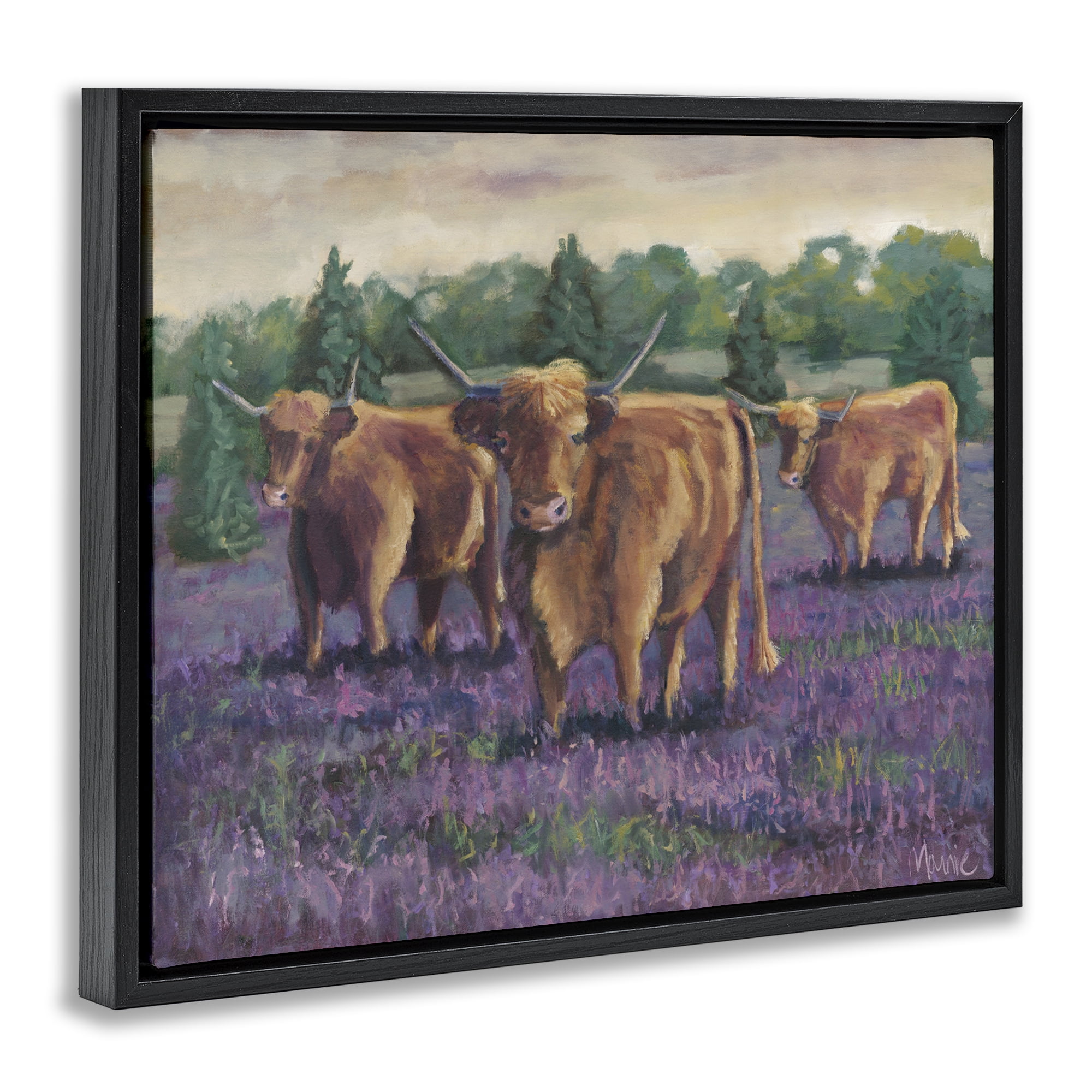 Purple Fields & Cows Black Framed Floater Canvas Wall Art, design by Marnie Bourque