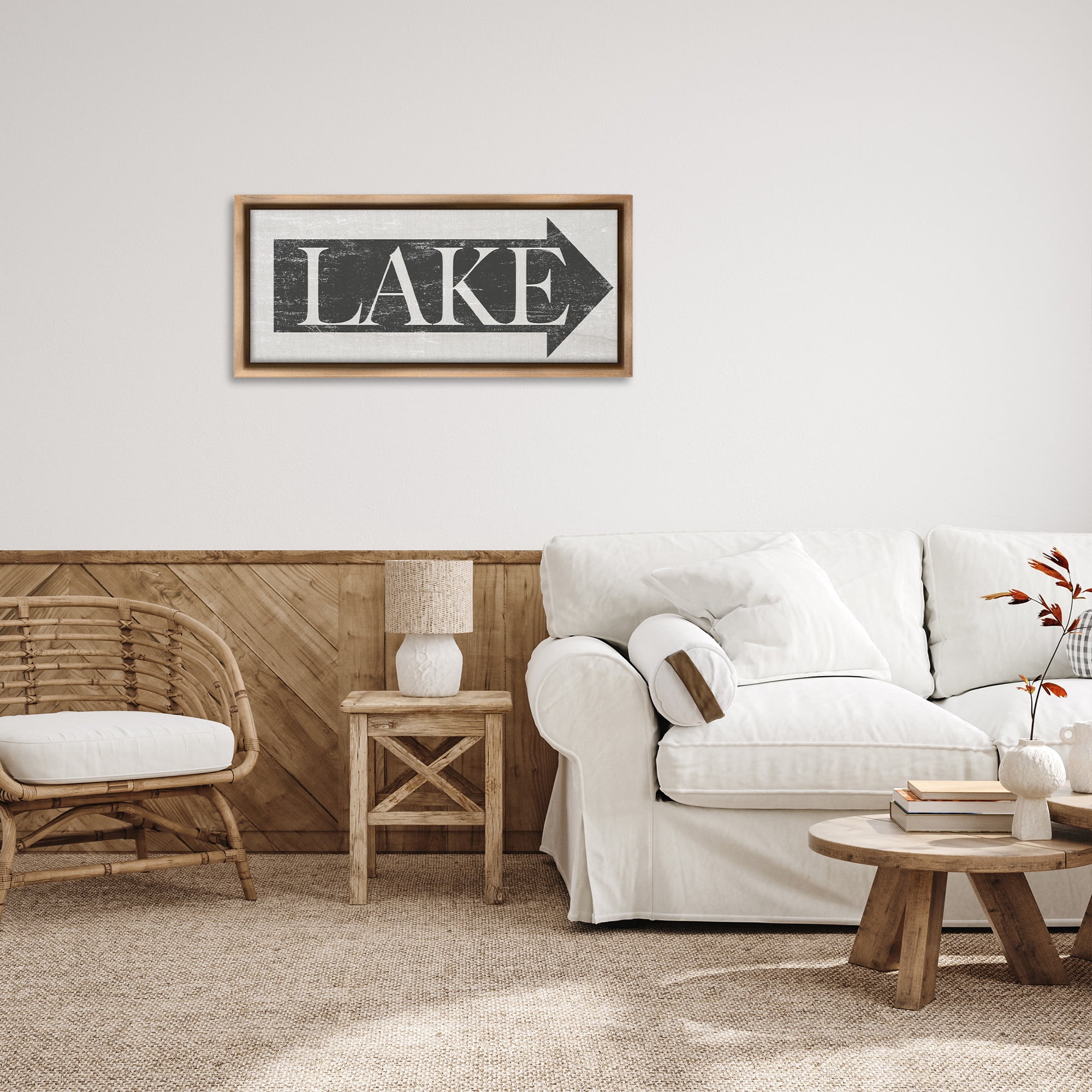 Stupell Industries Distressed Lake Arrow Sign Nature Painting Brown Floater Framed Canvas Art Print Wall Art, 31 x 14