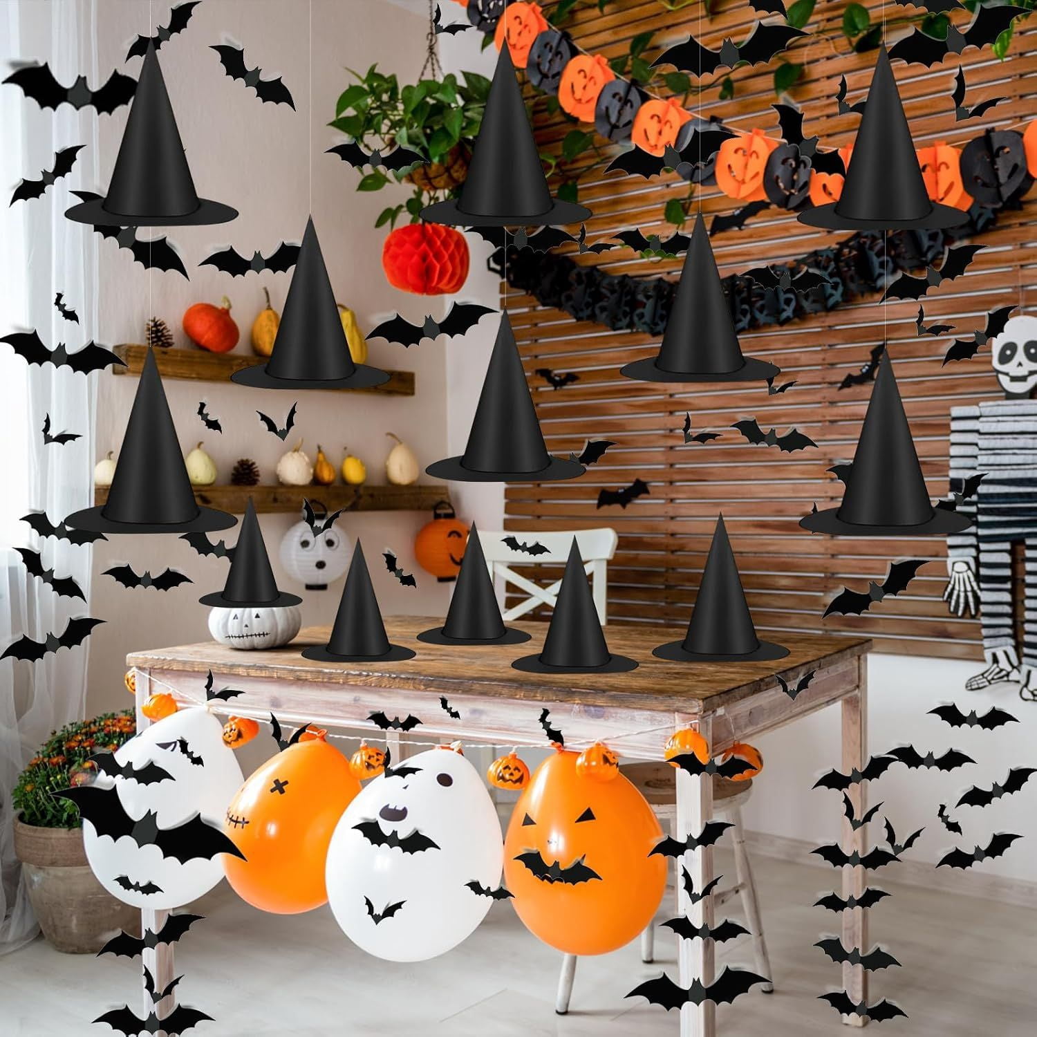 12 Pack Halloween Witch Hats with 120 Bat Stickers and 157ft Fishing Thread for Party Decor