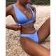 thumbnail image 3 of Traje de baño para mujer, cuello en V, color puro, cintura alta, espalda en T, correas regulables, 9 formas, botón trasero, trajes de baño divididos para playa, azul, S, 3 of 6