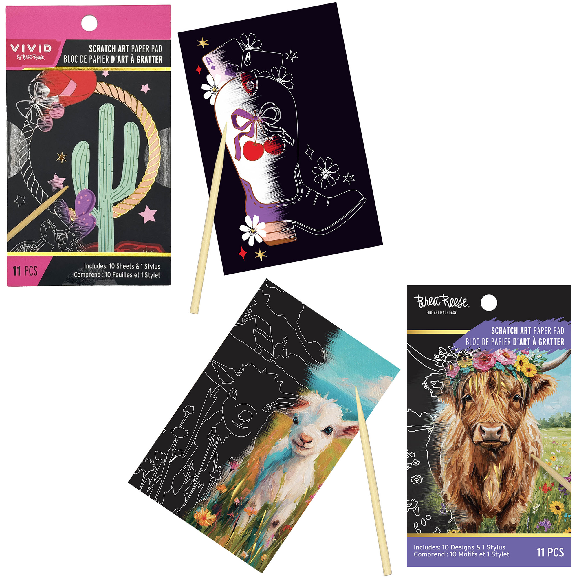 Brea Reese: Scratch Art Paper Pad 2 Pack - Rodeo Love & Highland Cow - 20 Design Assortment, Metallic Accents, Wooden Stylus, 6x8" Pages, Adult Craft
