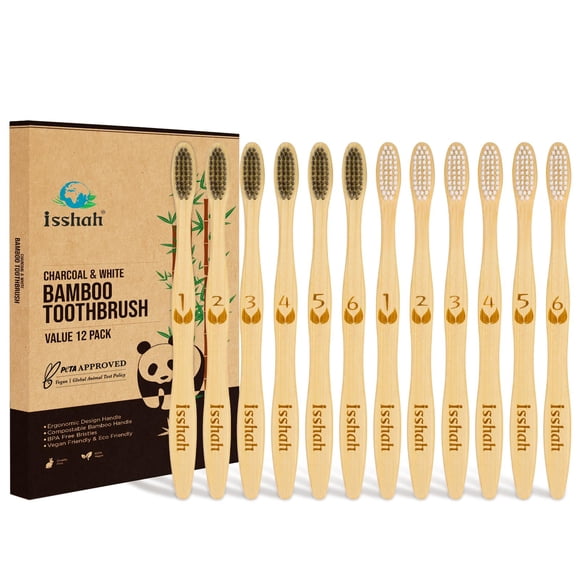 Cepillos de dientes Isshah de bambú con carbón, ecológicos, paquete de 12