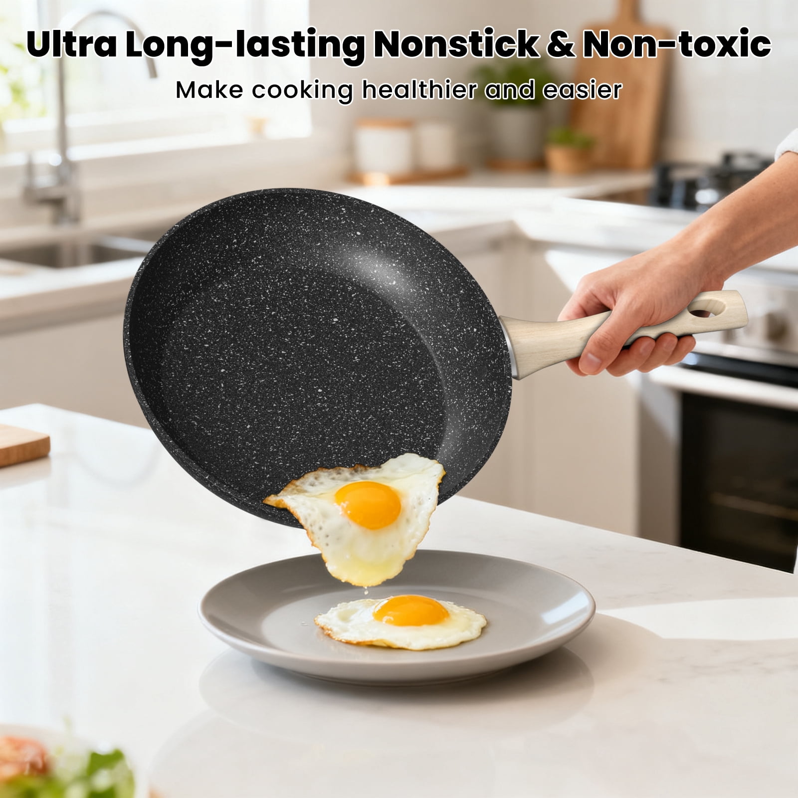 Nonstick Frying Pans Skillet with Lid, 10" Granite Fry Pans, Aluminum Omelet Egg Pan with Bakelite Handle, Compatible with All Stovetops (Gas, Electric & Induction)
