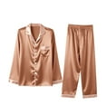 thumbnail image 4 of Ensemble de Pyjama en Satin pour Femmes, Couleur Unie avec Garniture Contrastée, Haut à Manches Longues avec Col Cranté et Pantalon, Détail de Manchette Contrastée Élégant, Chemise de Nuit à Boutons Café m, 4 of 8