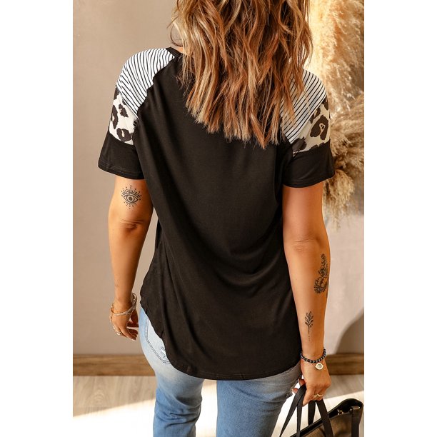 ABPHQTO Camiseta de manga corta con rayas de leopardo Black Talk COFFEE To Me para mujer