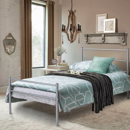 Voilamart Metal Twin Bed Frame No Box Spring Needed 6 Legs & 17 Slats Single Bed with Headboard and Footboard Heavy Duty Twin Beds Heavy Duty Mattress Platform Base for Adults Kids  Silver Gray