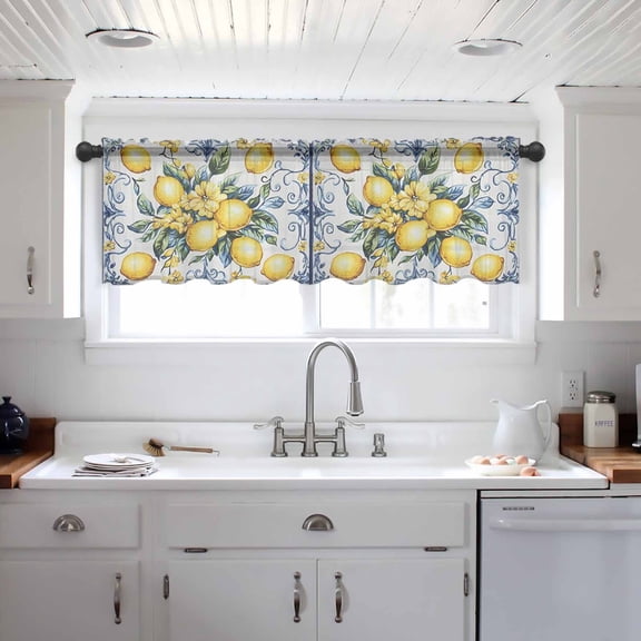 Yellow Lemon Valance Curtains for Kitchen/Living Room/Bathroom/Bedroom Window, Middle Century Blue Italian Textured Rod Pocket Small Topper Half Short Window Curtains Voile Sheer Scarf 42"x12"