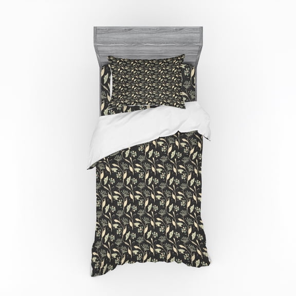 Ambesonne Floral Bedding Set 3 Pcs, Flowers Butterflies Drawing, Twin, Dark Grey Champagne
