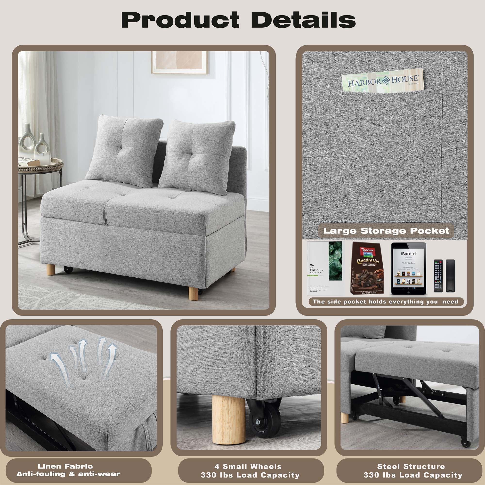 Aukfa Folding Futon Sofa Bed Chair, Convertible Chair Bed with 2
