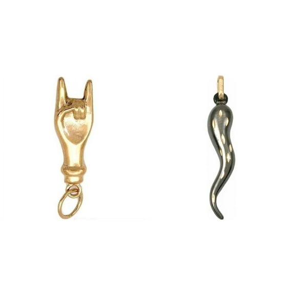 14K Gold Italian Hand Sign Charm 18mm & Black Rhodium 14K Yellow Gold Italian Horn Charm