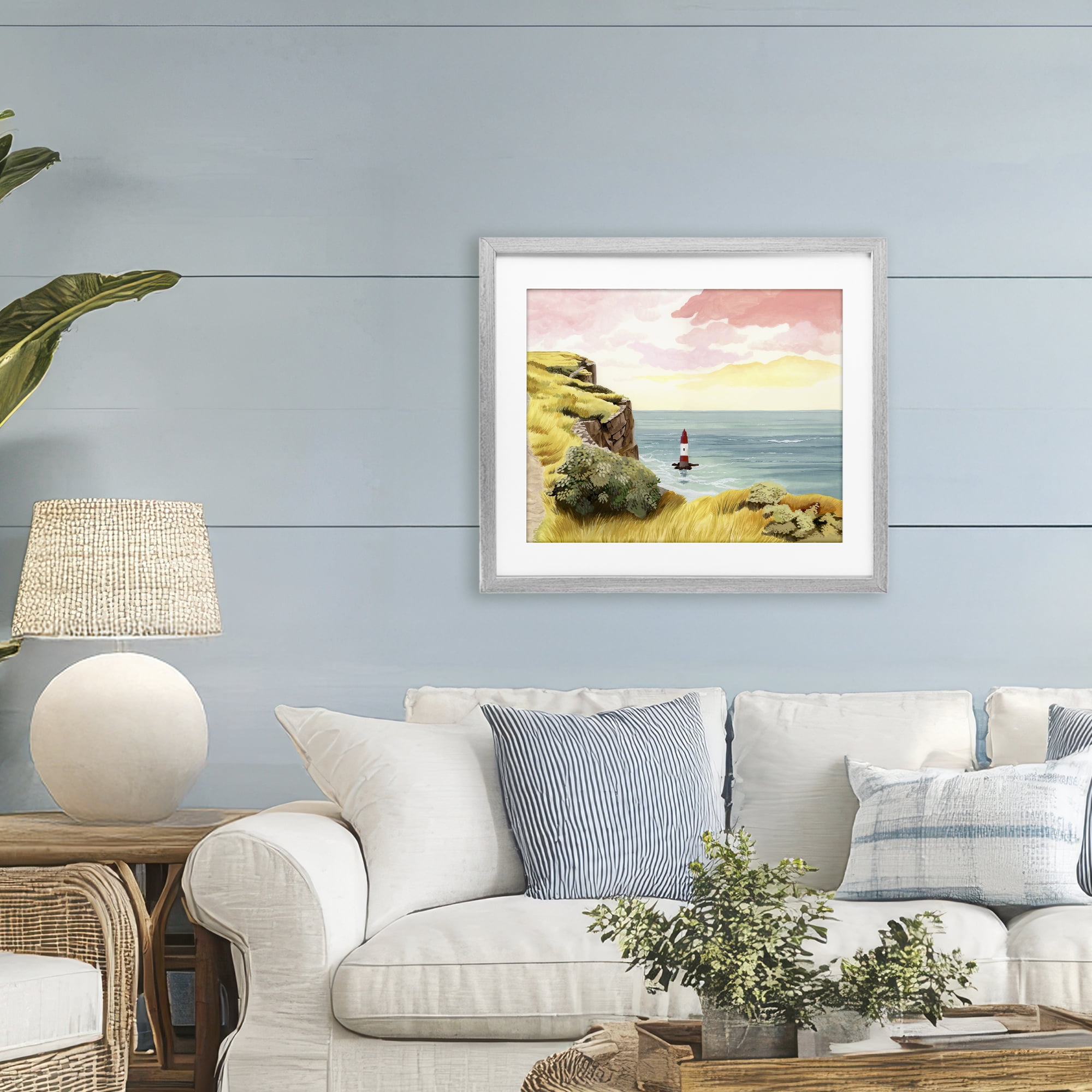 Beachy Head Lone Lighthouse Gray Framed Print Under Glass, design by Courtney Haley