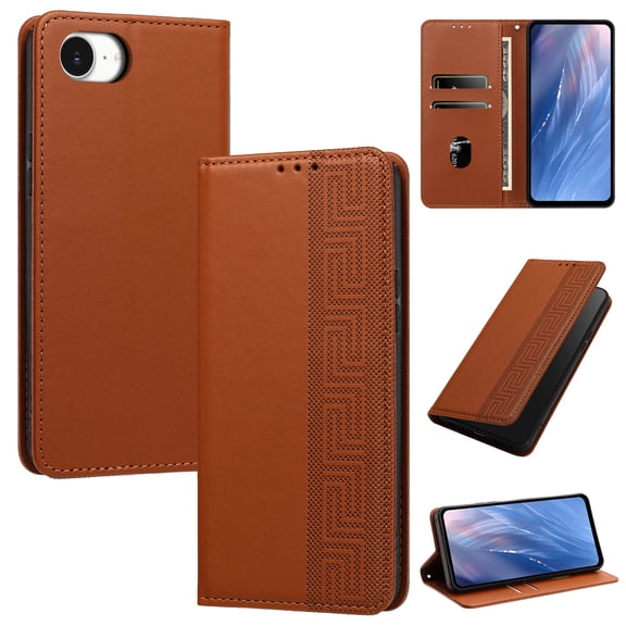 Magnetic PU Leather Wallet Case for iPhone 16e/17e, RFID Blocking Flip Phone Cover with Wrist Strap Card Slots Cash Pocket Kickstand Full Body Protection for iPhone 16e/17e, Brown
