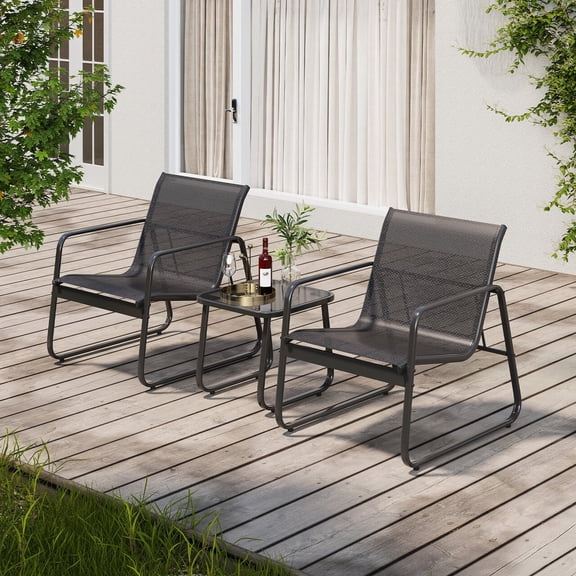 Patio Furniture Set of 3, Lofka Patio Bistro Set with Metal Frame Glass Table, Outdoor Chairs Set of 2 for Balcony, Bistro Table and Chairs Set for Lawn, Black