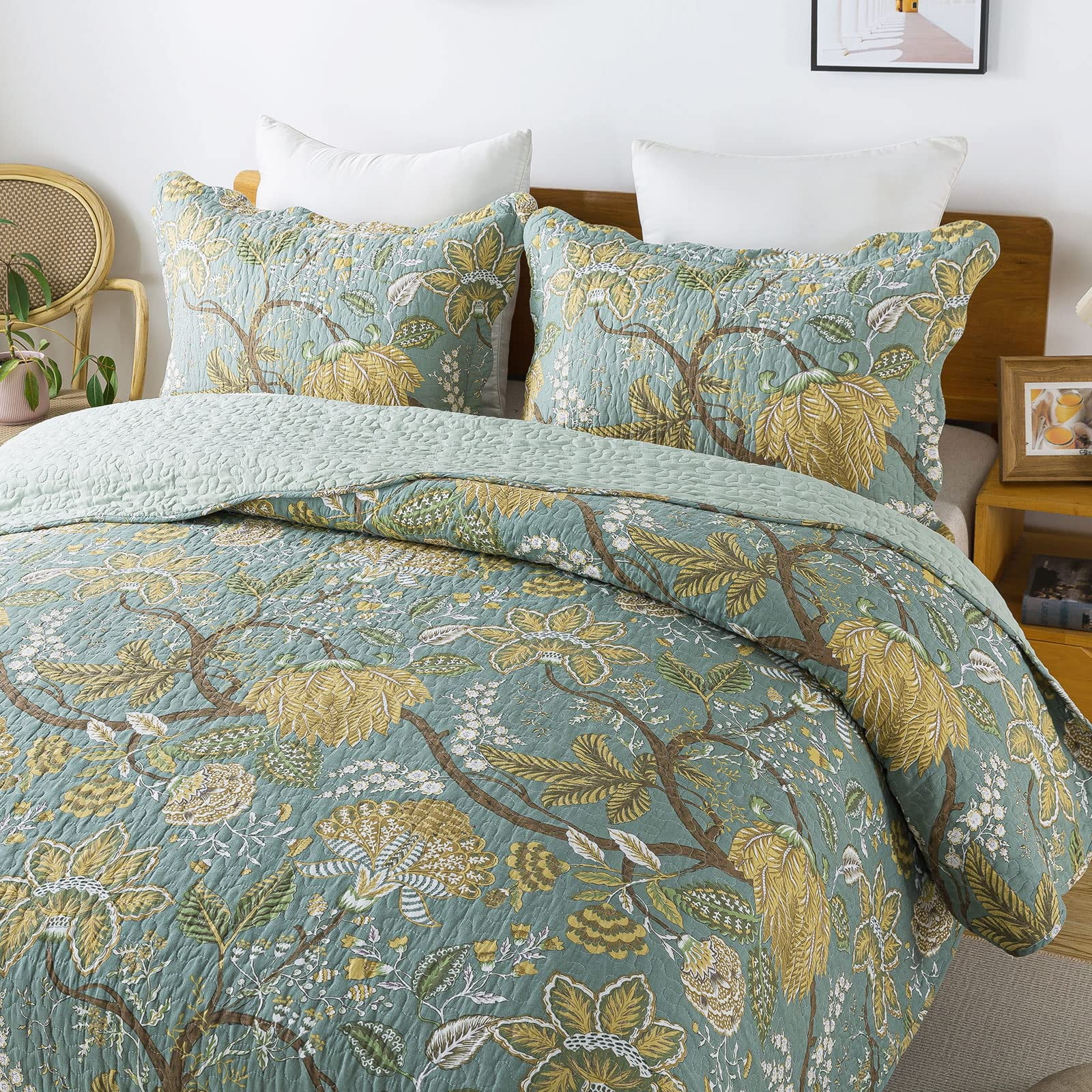 WannaToo Queen Size Quilt Comforter Cotton Bedding Set With Shams, Green