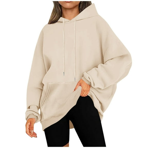 Fmbrln Womens Fall Hoodies Fashion Long Sleeve Solid Color Hooded Sweatshirts Casual Comfy Pullover Tops with Pockets Khaki S