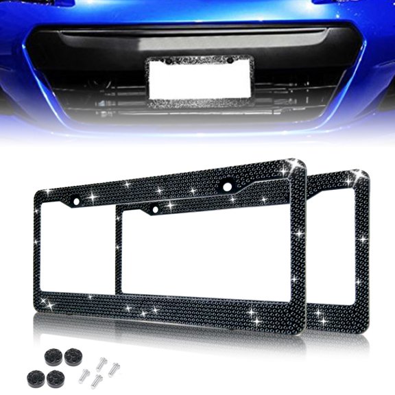 Bling Shiny Rhinestones Car Crystal License Plate Frame Decor with Mounting Screws, Black Rhinestones