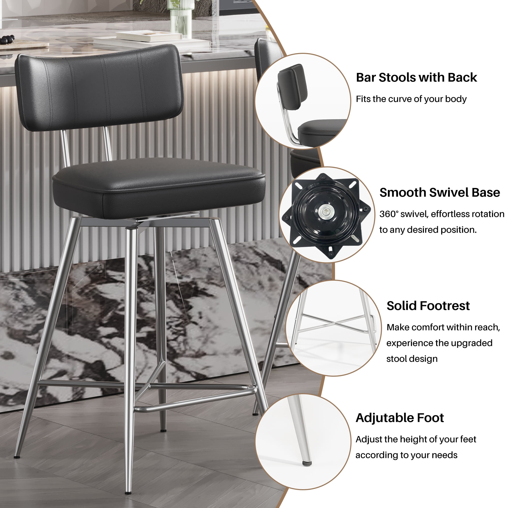 Ninecer Bar Stools Set of 3, Kitchen Counter stools with Backs and Metal Legs, 26" Black Leather Swivel Barstools for Counter Height