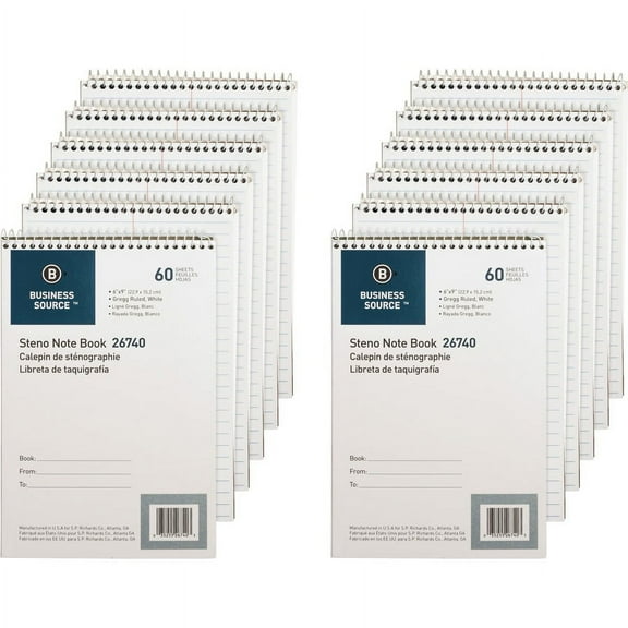 Business Source Wirebound Steno Notebook - 60 Sheets - Wire Bound - 15 lb Basis Weight - 6" x 9" - White Paper - 12 / Pack | Bundle of 2 Packs