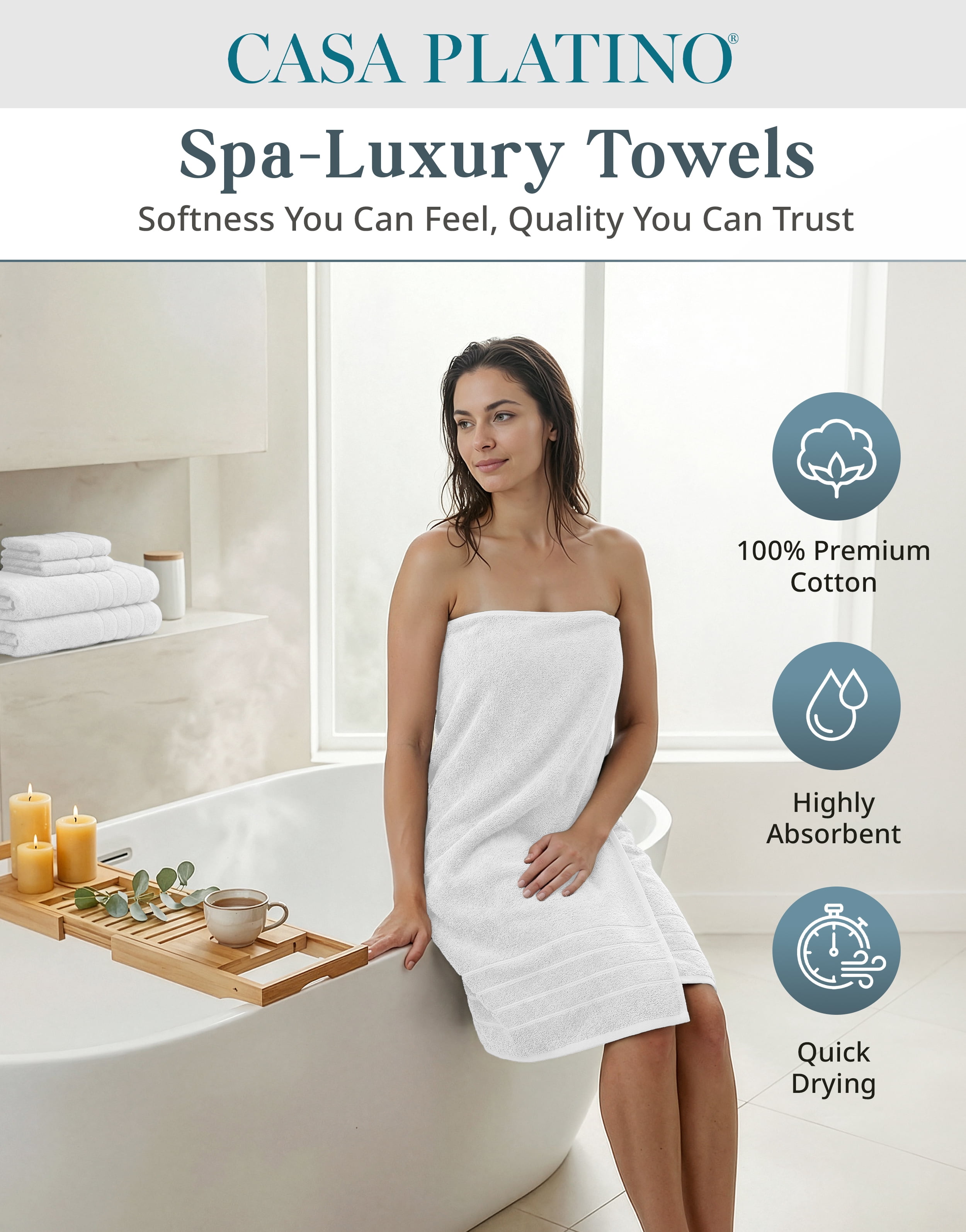 Casa Platino 12 Piece White Cotton Towels Set - Includes 4 Large White Bath Towels, 4 Hand Towels & 4 Washcloths - Soft Absorbent Towels for Bathroom