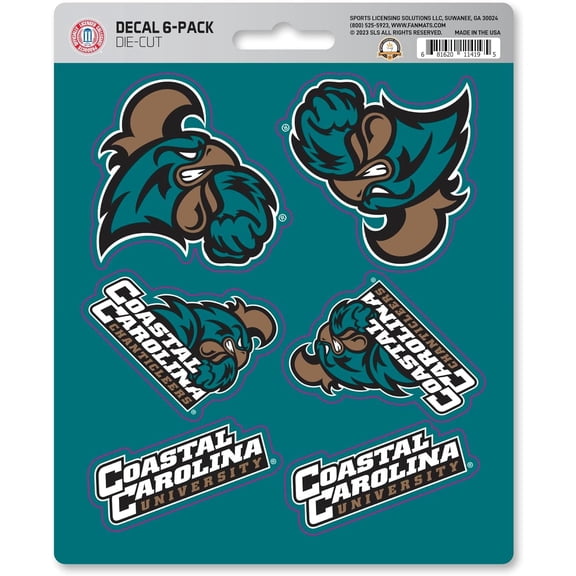 Coastal Carolina University Chanticleers 6-Piece Decal Sticker Set, 5x6 Inch Sheet, Gift for football fans for any hard surfaces around home, automotive, personal items