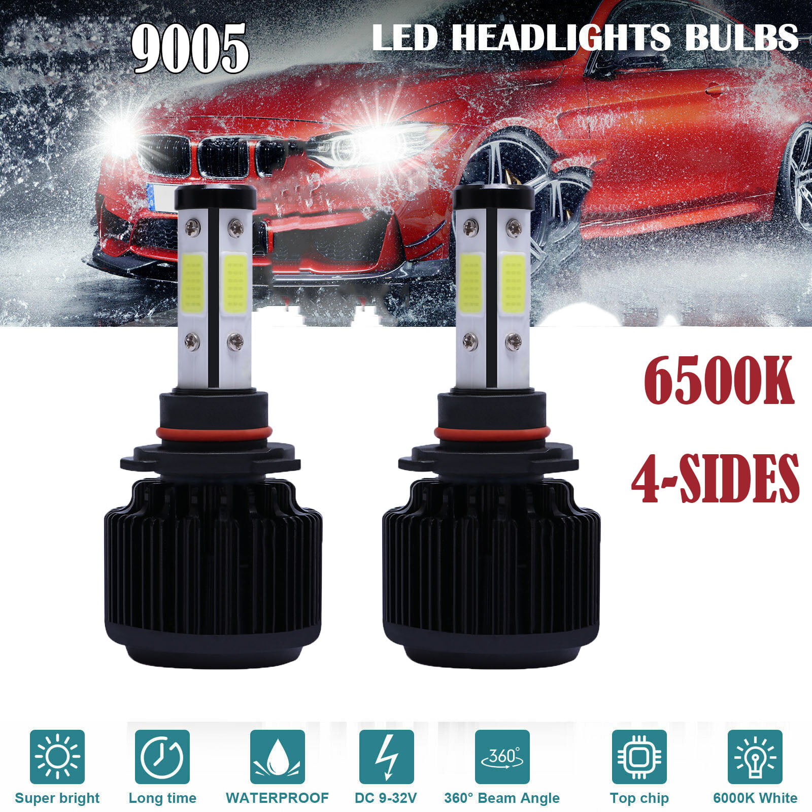 H4 LED Headlight Conversion 8000LM 80W COB 6500K White Light Bulbs Waterproof