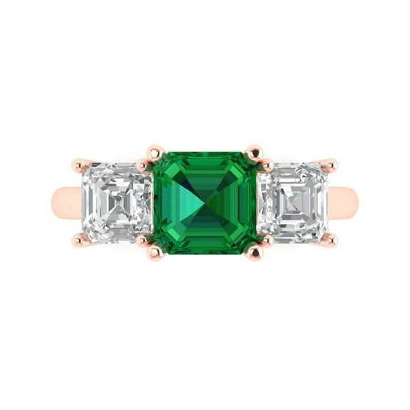 Three-Stone Engagement Ring for Women - 4ct Simulated Emerald in 18K Rose Gold Promise Ring