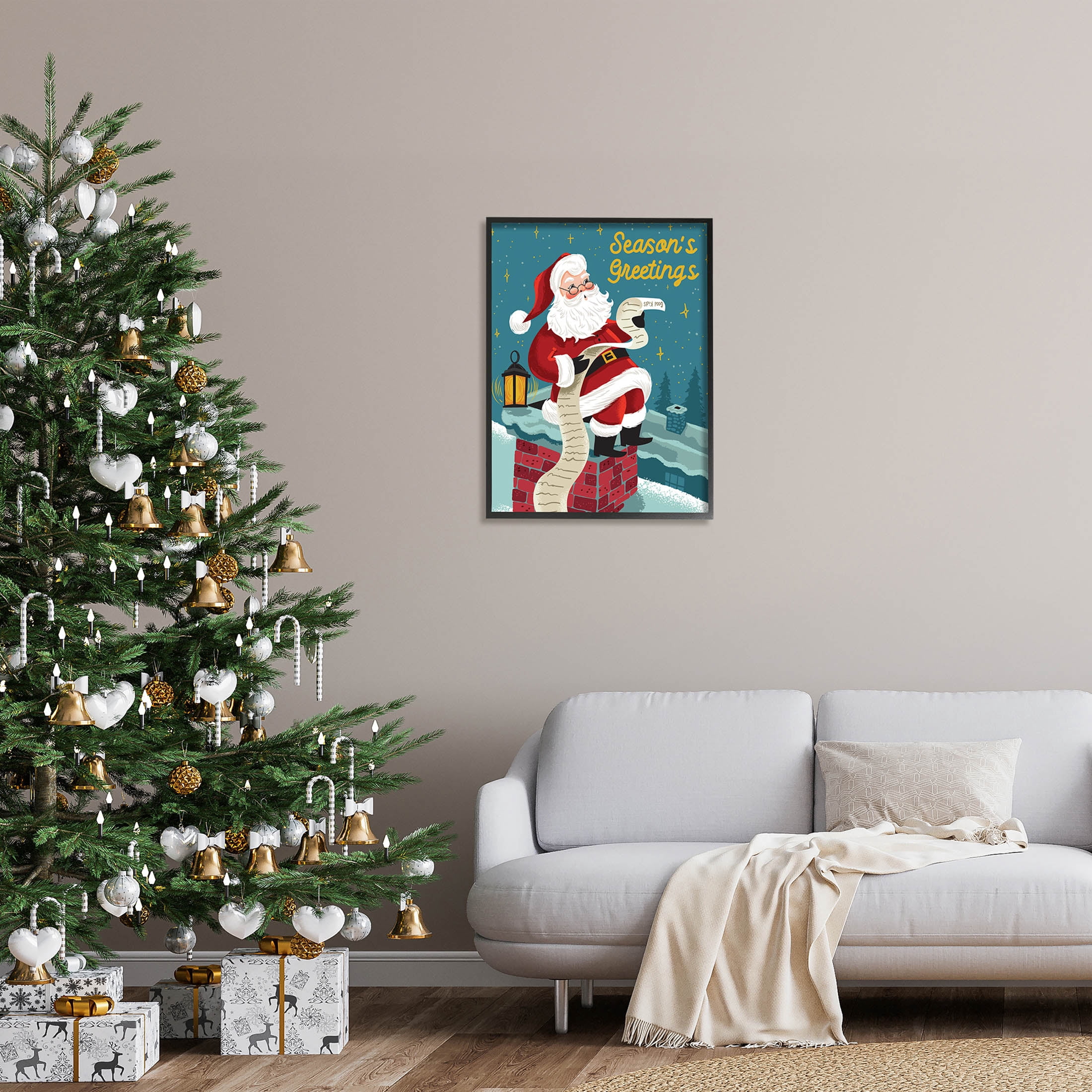 Season's Greetings Santa's List Chimney Holiday Graphic Art Black Framed Art Print Wall Art