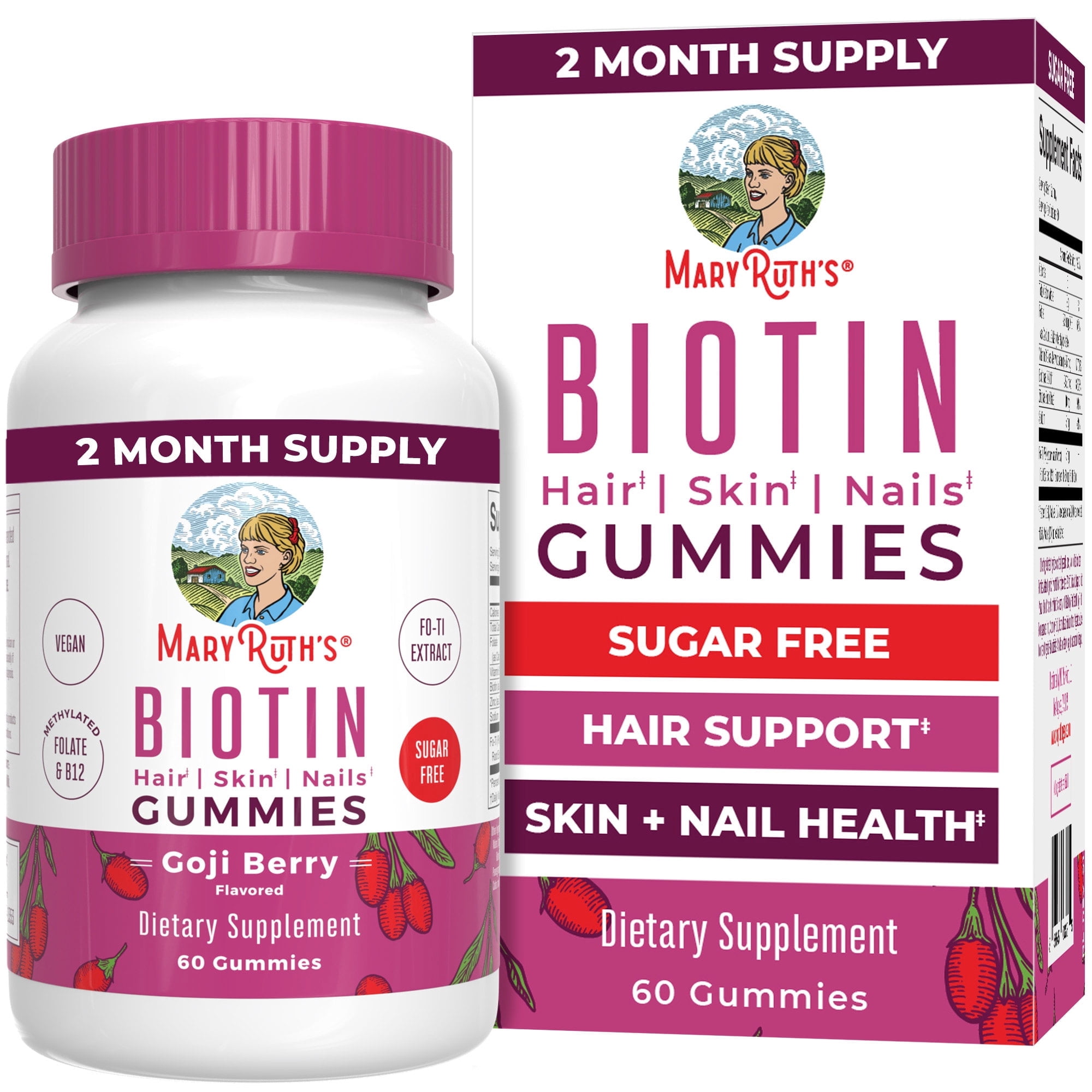 (2 pack) MaryRuth's Biotin Gummies Goji Berry Flavor Vegan Hair Skin Nails Support 2,500mcg 60 Count