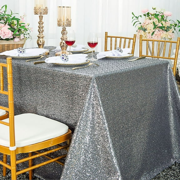 Wedding Linens Inc. 90'' x 156" Rectangular Sequin Taffeta Tablecloth - Silver