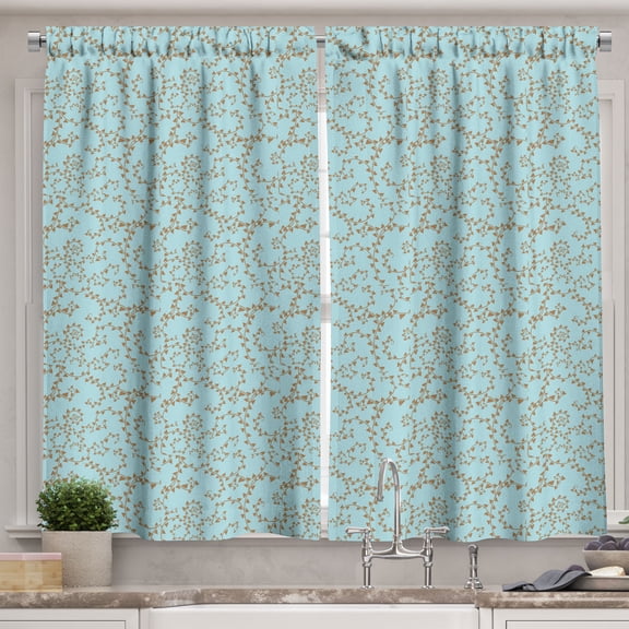 Brown and Blue Curtains 2 Panels Set, Swirling Tree Branches with Leaves Scroll Style Victorian, Window Drapes for Living Room Bedroom, 55W X 39L Inches, Pale Caramel and Pale Blue, by Ambesonne